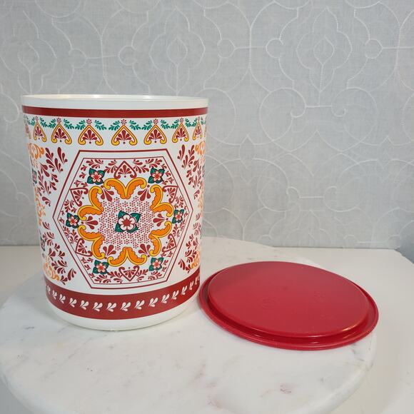 VINTGE Tupperware One Touch Canister Red Lidded Orange Rosemaling Tole Red 90s - Picture 2 of 14